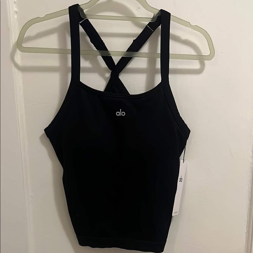 Alo Yoga black seamless ribbed full length bra tank NEW